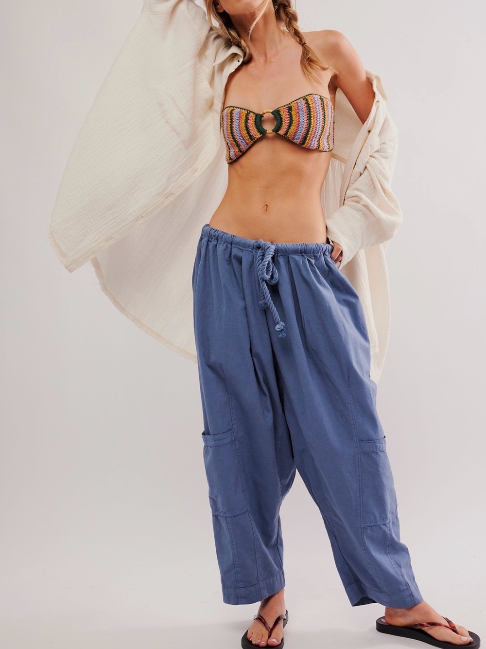 Free People Size XS Kahlani Harem Pants in Slate Blue Drawstring Waist GUC